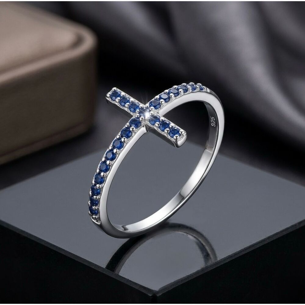 925 Sterling Silver Cross Ring Blue Sapphire CZ Band Sideways Faith Jewelry NEW